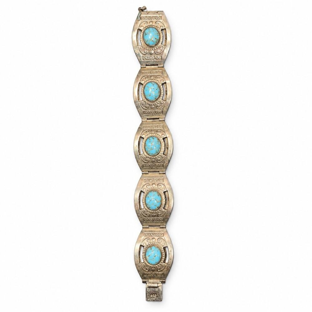 INCREDABLE AUTHENTIC SIGNED MEXICO STERLING SILVER & TURQUOISE BRACELET 7”